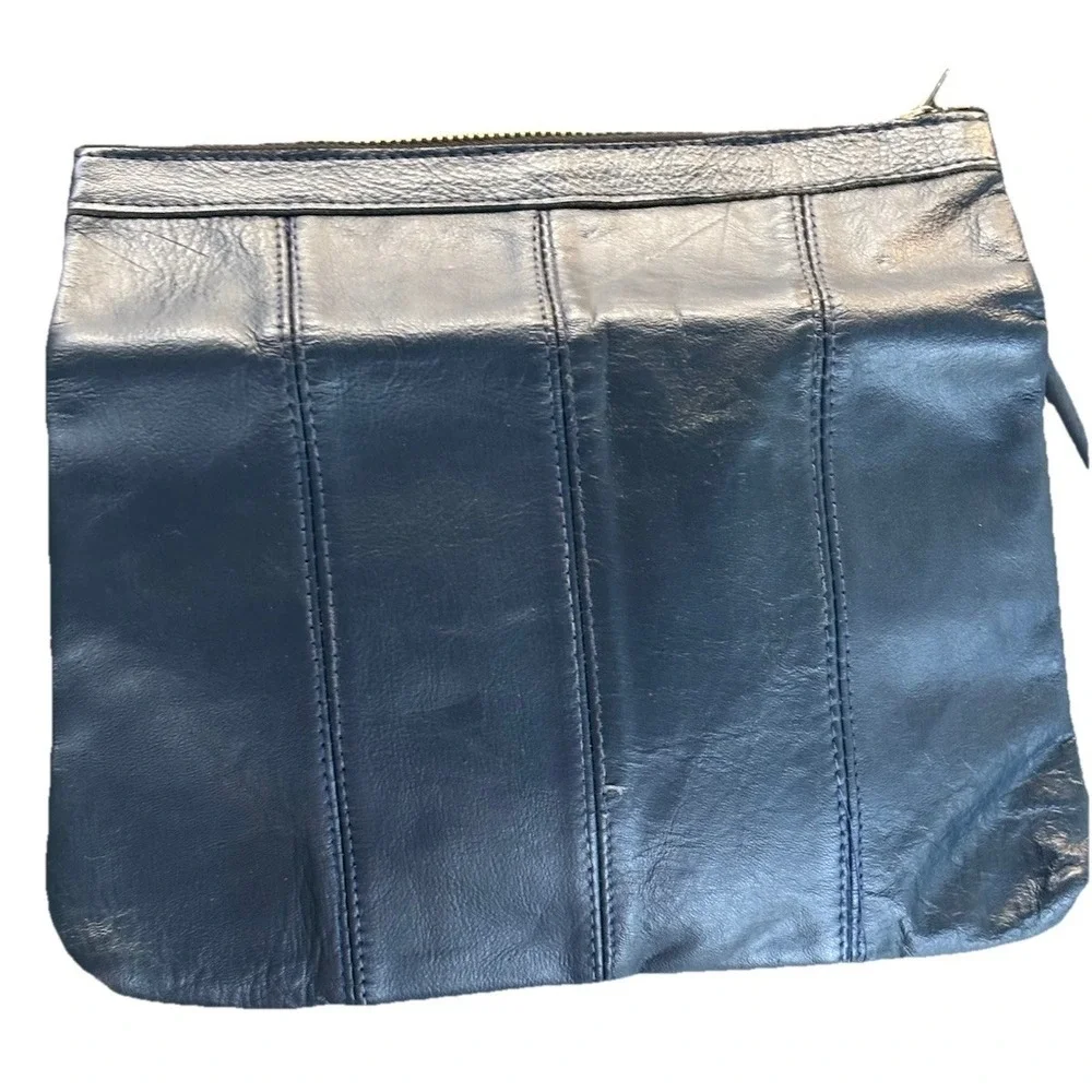 Vintage VKK Fold over Navy Blue Leather Clutch Zipper Closure Two Compartments